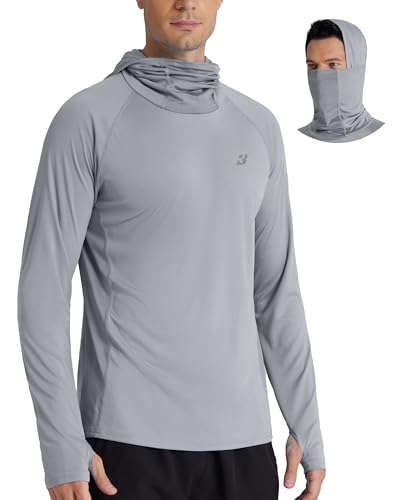 Roadbox UPF 50+ Men's Hooded Fishing Shirts, Long Sleeve UV Sun Protection Hoodie Hiking Running Swim Rash Guard with Mask - color: Gray, size: Small