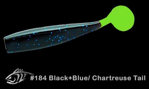 Lunker City Fishing Shaker 3.25" Swimbait Soft Plastic Bass Walleye Lure Saltwater Swimming Tail Action Pike Swim Bait, 7 Per Bag, Made in The USA - color: 184 Black Blue Flake/ Chart Tail