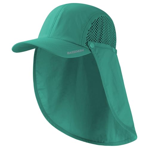 BASSDASH UPF 50+ Foldable Fishing Hat Baseball Cap with Removable Neck Flap Portable for Men Women Golf Hiking - color: Aqua Green With Unfoldable Brim