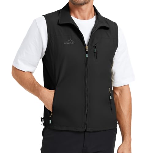 KIWI RATA Mens Casual Lightweight Outdoor Vest Summer Fishing Safari Travel Outerwear Vests Cargo Utility Jacket - color: Black, size: Large