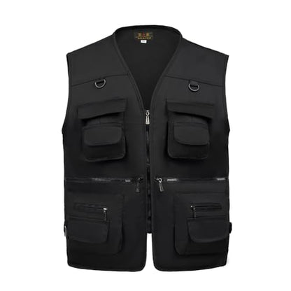 TOLOER Men's Summer Fishing Vest Multi Pockets Casual Vests Waterproof Quick Dry Outdoor Mountain Photography - color: Black, size: Large