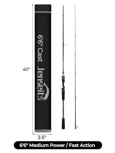 Jenseits Carbon Fiber Fishing Rod Series (6-12 Ft), Spinning & Casting Rods with Stainless Steel Ceramic Guides, Fast Action Fishing Pole for Bass, Trout, Walleye & Surf Fishing - size: 6'6"-Medium-Fast-Black, style: Casting