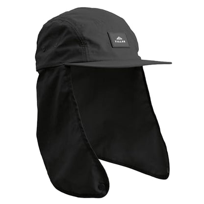 Tillak Chamisa Sun Hat, Lightweight Nylon 5 Panel Cap with Hide-able Neck Shade and Spring Cord - color: Black