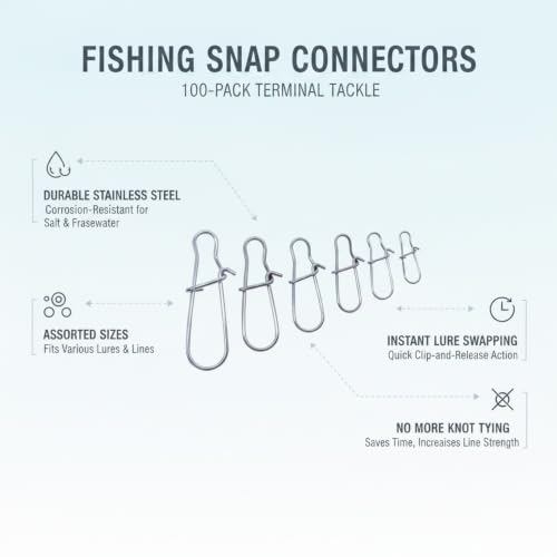 100-Pack Fishing Snap Connectors, Stainless Steel Lure Snaps for Quick Tackle Swapping, Assorted Sizes Saltwater and Freshwater Terminal Tackle Accessories - size: 2.56 x 2.17 x 0.59"