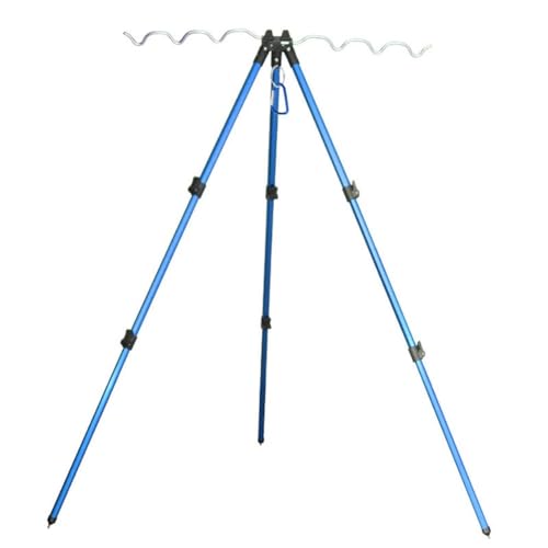 Aluminum Retractable Fishing Tripod Stand, Foldable Rod Holder with Ground Spikes, Adjustable Height Pole Rack for 7 Rods, Portable for Outdoor Camping, Blue 47.2 Inch