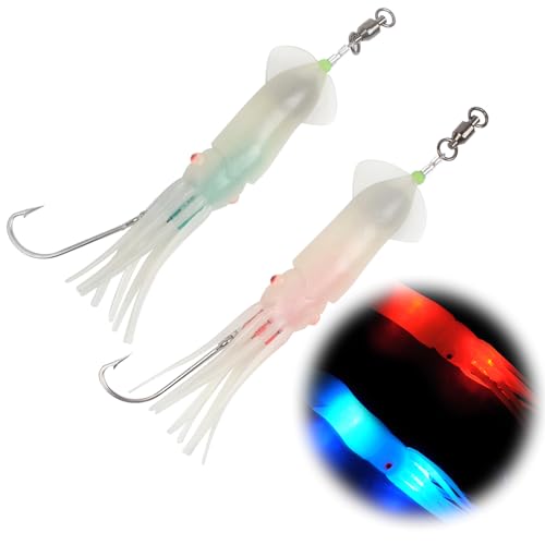 Dr.Fish Saltwater Squid Fishing Lures, 6" LED Lighted Lures 6/0 Hooks Squid Jig Rig Halibut Lincod Jig Offshore Trolling Baits Deep Drop Light Glow in Dark Mackerel Tuna Striper Lures - color: Blue&Red, size: 6/0 J Hook-6"(2.5oz)