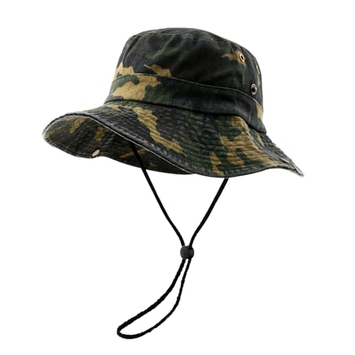 Men's Bucket Hat Camo Outdoor Sun Protection, Breathable Quick-Dry Fishing Gardening Hiking Hat ,UPF50+ Cotton Wide Brim - color: Dark Camouflage