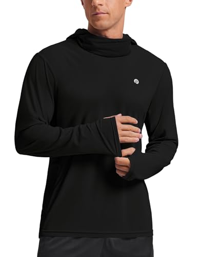 PINSPARK UPF 50+ Sun Protection Hoodie Men with Mask Quick Dry Long Sleeve Fishing Hiking Shirts UV Rash Guard Lightweight - color: Black, size: Small