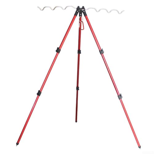 Aluminum Alloy Telescopic Fishing Rod Holder Tripod Stand, Collapsible Pole Bracket with Ground Spikes and Hook for Stability, Supports Up to 7 Rods - color: B Red
