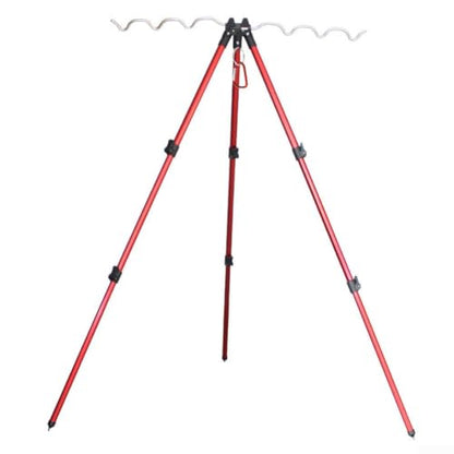 Aluminum Alloy Telescopic Fishing Rod Holder Tripod Stand, Collapsible Pole Bracket with Ground Spikes and Hook for Stability, Supports Up to 7 Rods - color: B Red