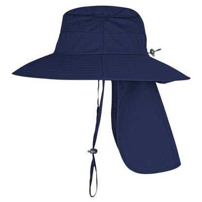 Sun Hats for Men Women Fishing Hat UPF 50+ Breathable Wide Brim Bucket Hats Summer UV Protection Safari Hat with Neck Flap - color: Navy Blue