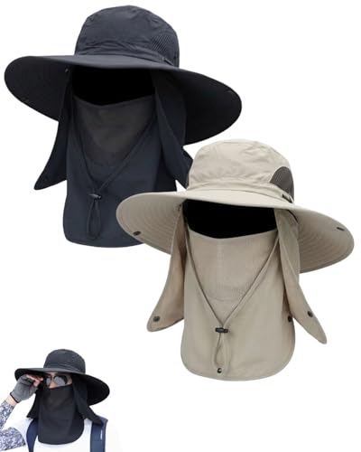 Mens Sun Hat with Neck Flap & Face Cover UPF 50+ Ultimate 360° All Terrain UV Protection Wide Brim Bucket Hats Hiking Fishing - color: 2pcs#d