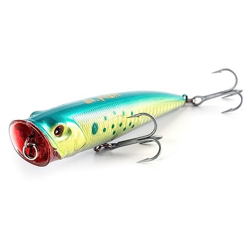 Dr.Fish Popper Saltwater Fishing Lures, 4/5.5 Inches GT Popper VMC Treble Hooks Surf Fishing Lures for Bass Striper Pike Salmon Offshore - color: Chartreuse-1 Pack, size: 4"