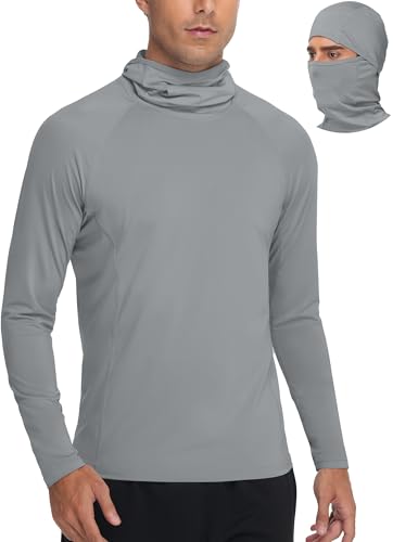 Roadbox Men's UPF 50+ Sun Shirt Long Sleeve Fishing Hoodie, UV Protection Hooded Rash Guard with Mask for Hiking Running - color: Light Gray, size: Large