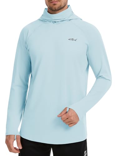 Men's UPF 50+ Sun Protection Hoodie Lightweight Quick Dry Fishing Shirts Long Sleeve Rash Guard with Mask - color: Light Blue, size: XX-Large