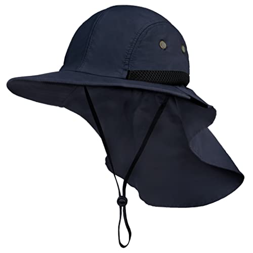 SUN CUBE UPF50+ Sun Hat for Men Women with Neck Flap, Wide Brim UV Protection Fishing Safari Hat for Hiking Beach Gardening - color: Navy