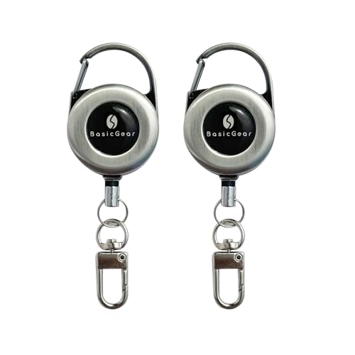 BasicGear Zinger Retractable Keychain 2 Pack – Brushed Metal with 24" Cord, Heavy Duty Badge Reel for Fishing & Outdoors