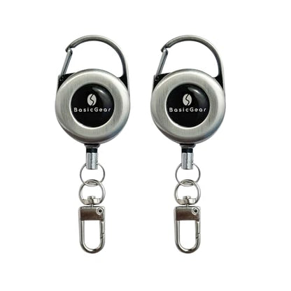 BasicGear Zinger Retractable Keychain 2 Pack – Brushed Metal with 24" Cord, Heavy Duty Badge Reel for Fishing & Outdoors