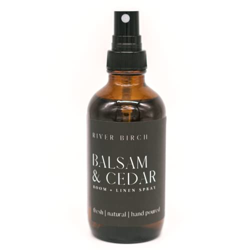 River Birch Luxury Linen and Room Spray - Home Signature Scent Balsam and Cedar Room Fragrance Spray - Fragrant Fresh Linen Air Freshener For Bedding - Handmade in Texas - 4 oz Glass Amber Bottle - color: Balsam + Cedar