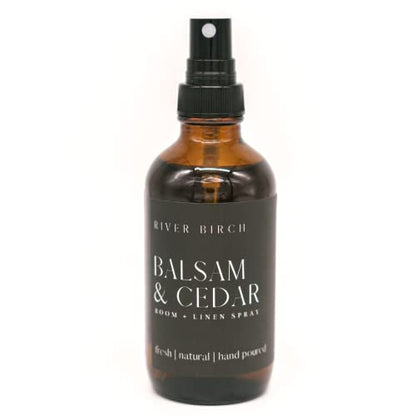 River Birch Luxury Linen and Room Spray - Home Signature Scent Balsam and Cedar Room Fragrance Spray - Fragrant Fresh Linen Air Freshener For Bedding - Handmade in Texas - 4 oz Glass Amber Bottle - color: Balsam + Cedar