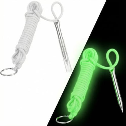 Soulchen 2 PCS 10 Ft 550lb Glow in The Dark Paracord Fishing Stringer Fish Holder with Stainless Steel Fish Spike and 1 Inch Split Ring - color: White,Glow in Blue