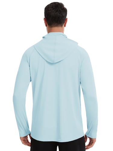 Men's UPF 50+ Sun Protection Hoodie Lightweight Quick Dry Fishing Shirts Long Sleeve Rash Guard with Mask - color: Light Blue, size: Small