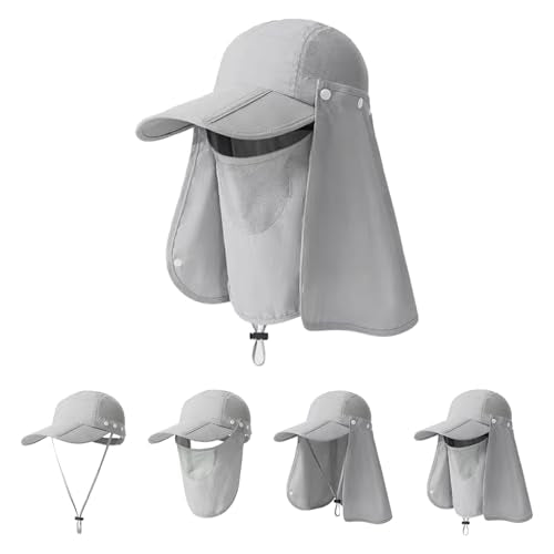 Foldable Baseball Cap with Detachable Neck Flap and Face Cover Portable Sun Hat Fishing Hats for Men Women - color: Lightgrey