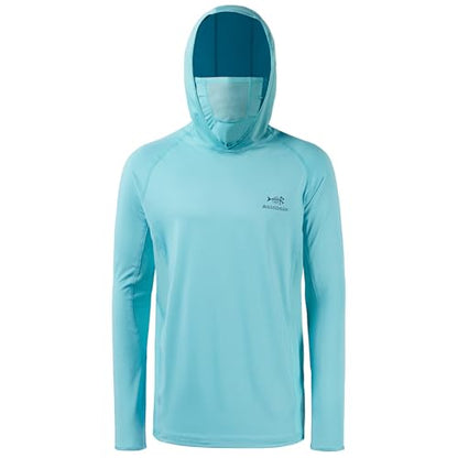 BASSDASH UPF 50+ Men’s Long Sleeve Fishing Shirt with Mask UV Neck Gaiter Hoodie - color: Turquoise, size: Large