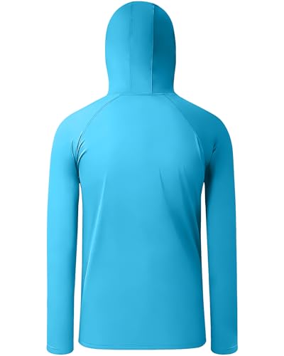 Boys Hooded Fishing Shirt with Mask, Kids UPF 50+ Long Sleeve Rash Guard Hoodie, Sun Protection Beach Swim Shirts - color: Light Blue, size: Small