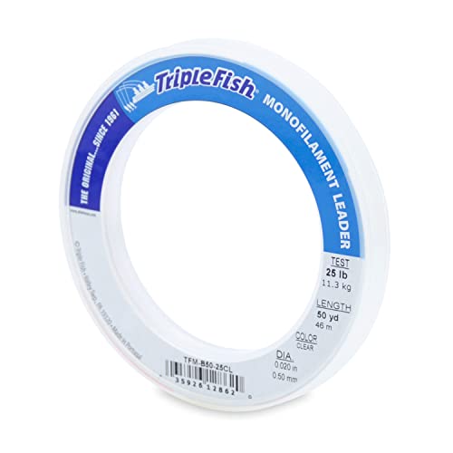 Triple Fish Monofilament Fishing Leader - Clear, Camo Strong Tough Leader Material for Big Game Fishing, Up to 400lb Test - color: Clear, style: 25 Lb Test, 0.50 Mm Dia, 50 Yd