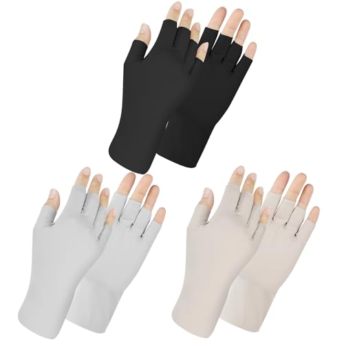 Senkary 3 Pairs Sun UV Protection Gloves Ice Silk Fingerless Gloves Breathable Driving Sunscreen Summer Nail Gloves for Women - color: Khaki, Gray and Black