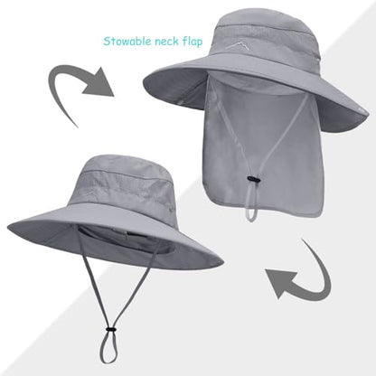 Sun Hats for Men Women, UPF50+ Protection Safari Hat,Wide Brim Fishing Hat with Neck Flap,Bucket Hats for Beach Hiking - color: Darkgrey