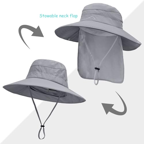 Sun Hats for Men Women, UPF50+ Protection Safari Hat,Wide Brim Fishing Hat with Neck Flap,Bucket Hats for Beach Hiking - color: Darkgreysleeves