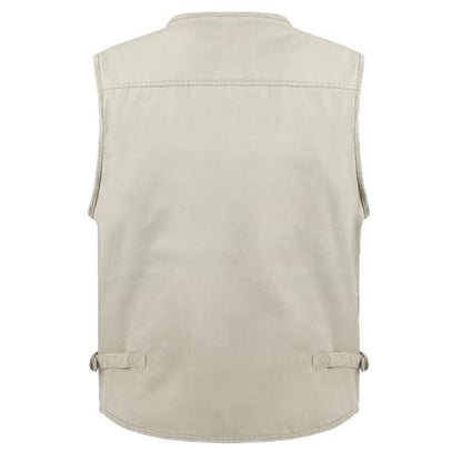 Men's Stone Washed Denim Multi-pocketed Fishing Work Outerwear Vest - color: Beige, size: XX-Large