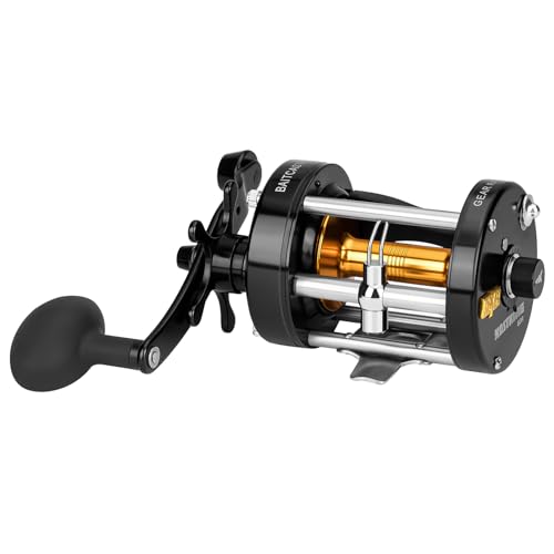 KastKing Rover Round Baitcasting Fishing Reel, Perfect Conventional Reel for Catfish, Salmon/Steelhead, Striper Bass and Inshore Saltwater Fishing Reel, Reinforced Metal Body - color: Black, size: 90 Right Hand