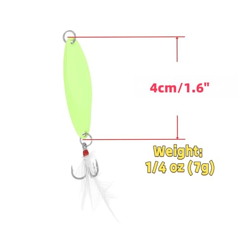 Fishing Spoons Fishing Lures Hard Metal Spinner Baits Glow in The Dark Casting Spoon Treble Hooks Jigs for Freshwater Saltwater，5 PCS with Box - size: 1/4oz