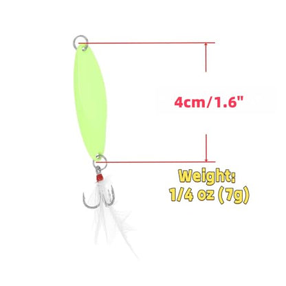 Fishing Spoons Fishing Lures Hard Metal Spinner Baits Glow in The Dark Casting Spoon Treble Hooks Jigs for Freshwater Saltwater，5 PCS with Box - size: 1/4oz