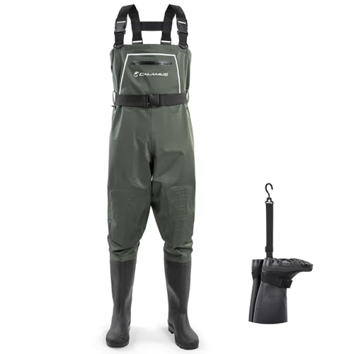 Calamus WaveWalker Fishing Waders for Men & Women, 100% Waterproof PVC Waders with Slip-Resistant Boots, Tear-Resistant Nylon - color: Military Green, size: 13