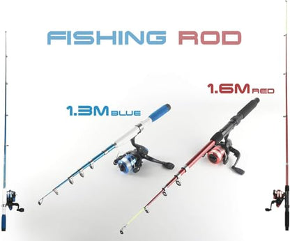 Fishing Rod Reel Combos Collapsible Fishing Rod Kit, 2PCS Telescopic Fishing Pole+2PCS Spinning Reels+Lures Hooks+Tackle Bag+Fishing Accessories Full Combo for Kids Youth - color: Red and Blue 1.3M&1.6M