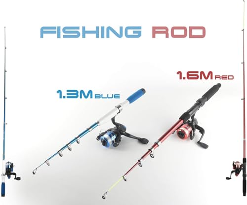Fishing Rod Reel Combos Collapsible Fishing Rod Kit, 2PCS Telescopic Fishing Pole+2PCS Spinning Reels+Lures Hooks+Tackle Bag+Fishing Accessories Full Combo for Kids Youth - color: Red and Blue 1.3M&1.6M