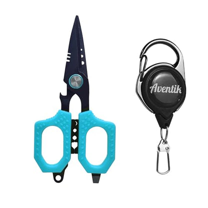 Eupheng Multifunction 4.7" Pro Fishing Scissors,Dual Serrated Blades Titanium-Coated Fishing Shears with Zinger Retractor Clip,Compatible with Braided Line,Mono and Fluorocarbon - style: 4.7in Blue Scissors + Black Zinger