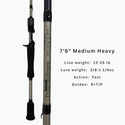 Fitzgerald Vursa Series Baitcasting Rods | High Modulus Graphite | American Tackle TiForged Air Guides | 9 Models | Bass, Walleye & Musky | Freshwater & Inshore - size: 7'6" Medium Heavy (casting)