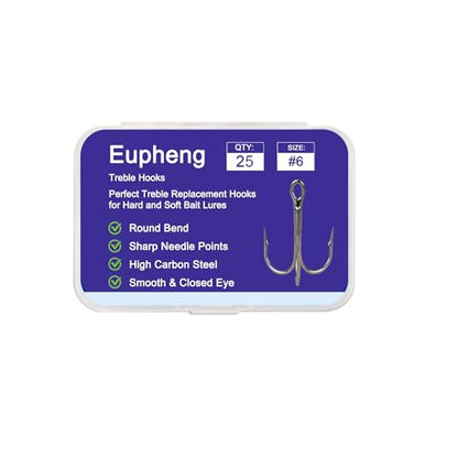 Eupheng Treble Hooks for Saltwater Freshwater High Carbon Steel Hooks Strong Sharp Round Bend Triple Hook for Catfish Trout Hard Baits Lures Fishing Size 1/0 to 12 - size: #6_25pcs