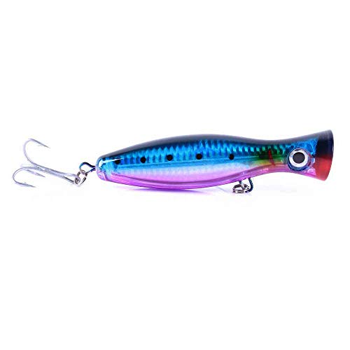Large Top Water Popper 4.75 in/1.5 oz Lure Artificial Seal Lure 3D Eyes Hard Popper with Hooks and Ring for Saltwater Offshore, Surf Fishing, Bass, Bluefish, Giant Jack - color: Blue