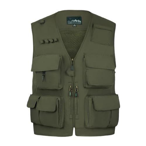 TOLOER Men's Summer Fishing Vest Multi Pockets Casual Vests Waterproof Quick Dry Outdoor Mountain Photography - color: Army Green-8898, size: Medium