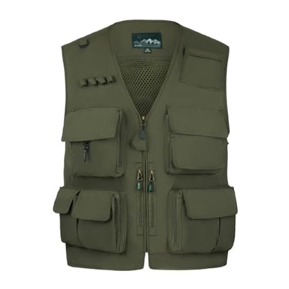 TOLOER Men's Summer Fishing Vest Multi Pockets Casual Vests Waterproof Quick Dry Outdoor Mountain Photography - color: Army Green-8898, size: Large