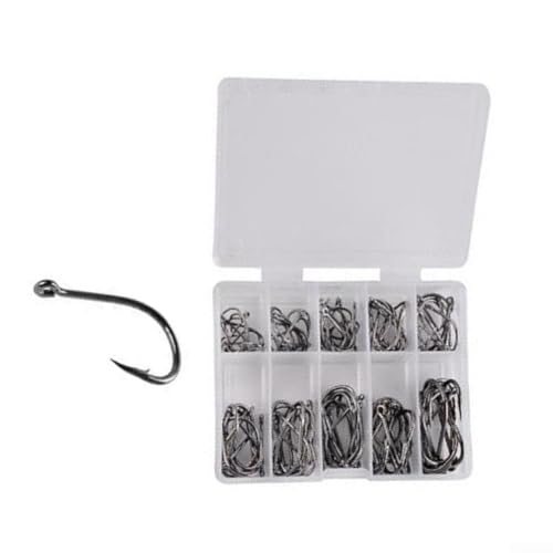 High Carbon Steel Fishing Hooks Set, Assorted Sizes Fly Fishing Hook Kit with Plastic Box, Barbed Terminal Tackle for Freshwater Saltwater Angling, 100 or 500 Pieces(100 per box) - size: 100 per box