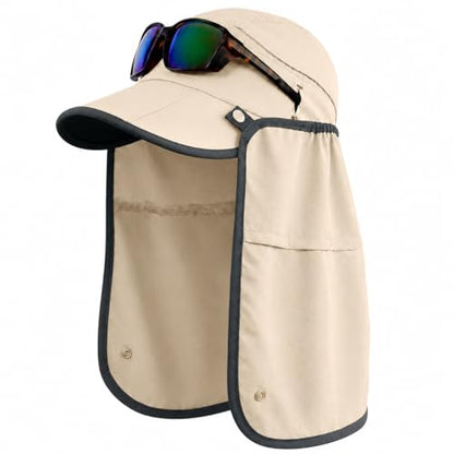 Palmyth Fishing Sun Hat with Detachable Neck Flap UPF 50+ Baseball Cap | Convertible Ventilation Panel, Sunglass Lock, Water Resistant, Foldable, Ventilation Holes, 3 Ways to Wear, Men & Women - color: Beige