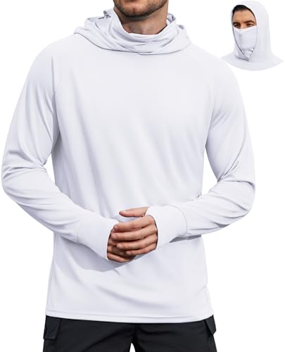 COOFANDY Mens UPF 50+ Sun Protection Hoodie with Mask Lightweight Long Sleeve SPF Fishing Shirts UV Hiking Running Rash Guard - color: White, size: X-Large