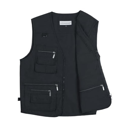 Men's Stone Washed Denim Multi-pocketed Fishing Work Outerwear Vest - color: Pure Black, size: XX-Large